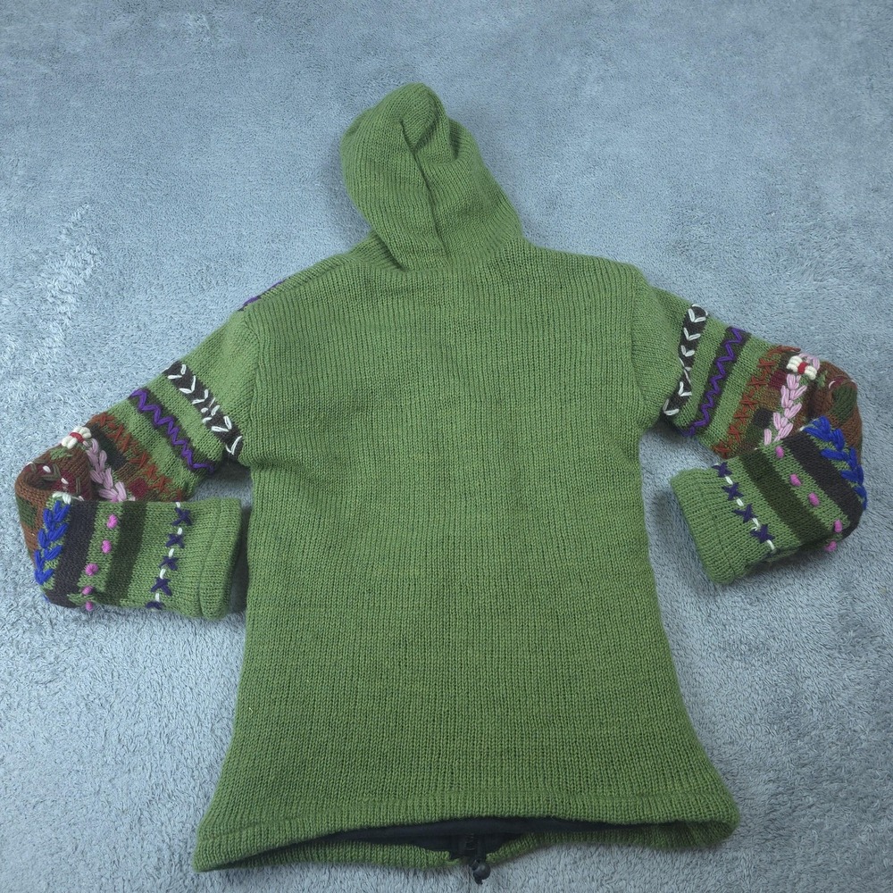 Sweater Womens Medium Green Hooded Wool Knit Embroidered Floral Nepal Boho - Picture 7 of 10